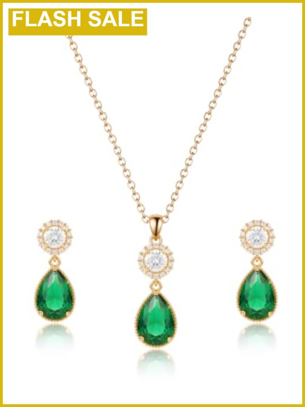 14K Gold Plated Emerald Teardrop Pendant Necklace and Dangle Earrings Set for